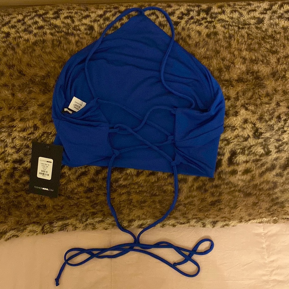 New with Tags Fashion Nova blue lace up crop top